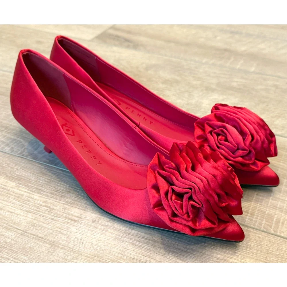 NEW KATY PERRY RED MICRO HEEL FLOWER PUMPS HEELS SHOES SZ 6.5M 6.5 - Picture 3 of 13